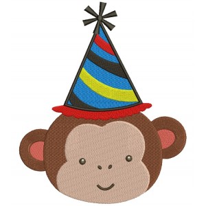 Monkey Wearing a Party Hat Birthday Filled Machine Embroidery Design Digitized Pattern