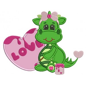Cute Dinosaur With a Big Heart Applique Machine Embroidery Design Digitized Pattern