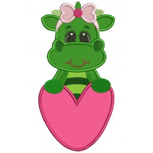 Dinosaur Girl Holding Big Heart Applique Machine Embroidery Design Digitized Pattern