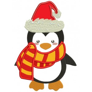 Cute Penguin Wearing Santa Hat Christmas Applique Machine Embroidery Design Digitized Pattern