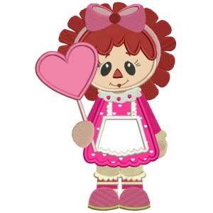 Rag Doll Holding Big Heart Applique Machine Embroidery Design Digitized Pattern