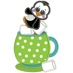 Cute Baby Penguin Sitting Inside Cup With Marshmallows Christmas Applique Machine Embroidery Design Digitized Pattern 
