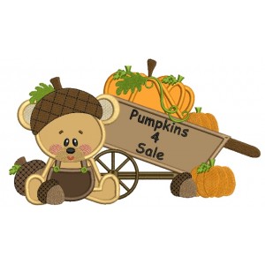 Cute Bear Sitting Next To Wagon With Pumpkins Fall Applique Machine Embroidery Design Digitized Pattern