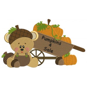 Cute Bear Sitting Next To Wagon With Pumpkins Fall Filled Machine Embroidery Design Digitized Pattern
