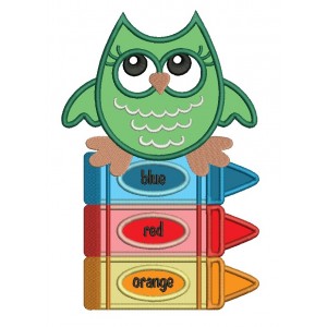 Baby Owl Sitting on Markers School Applique Machine Embroidery Design Digitized Pattern