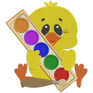 Cute Chick Holding Colors School Filled Machine Embroidery Design Digitized Pattern