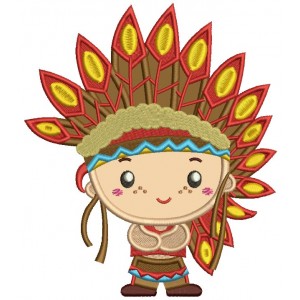 Cute Little Indian Boy With Big Feathers Thanksgiving Applique Machine Embroidery Design Digitized Pattern