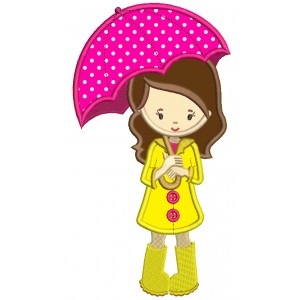 Little Girl Holding Umbrella Applique Machine Embroidery Digitized Design Pattern