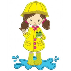 Little Girl Wearing Rain Coast Holding a Frog Applique Machine Embroidery Digitized Design Pattern
