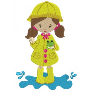 Little Girl Wearing Rain Coast Holding a Frog Filled Machine Embroidery Digitized Design Pattern