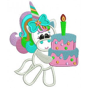 Rainbow Unicorn With Birthday Cake Applique Machine Embroidery Digitized Design Pattern