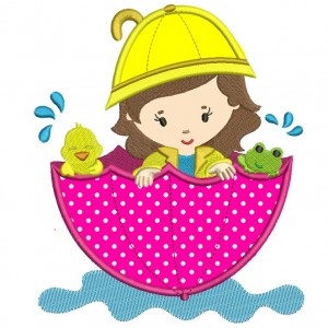 Girl And Chick In The Umbrella Floating In The Pond Applique Machine Embroidery Digitized Design Pattern