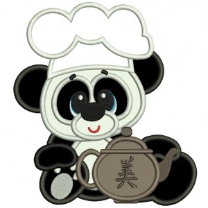 Panda Cook With Tea Kettle Applique Machine Embroidery Digitized Design Pattern