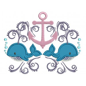 Boat Anchor and Two Whales Marine Applique Machine Embroidery Digitized Design Pattern