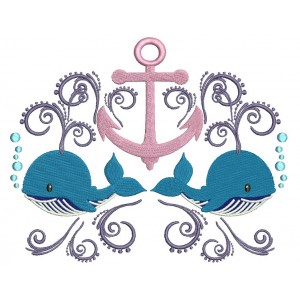 Boat Anchor and Two Whales Marine Filled Machine Embroidery Digitized Design Pattern