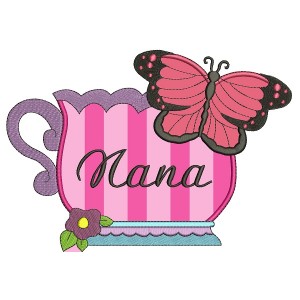 Nana Cup and Butterfly Applique Machine Embroidery Digitized Design Pattern