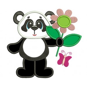 Panda with a Big Flower Applique Machine Embroidery Digitized Design Pattern