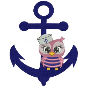 Sailor Owl Sitting on a Boat Anchor Filled Machine Embroidery Digitized Design Pattern
