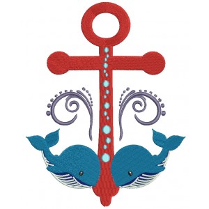 Two Whales and boat Anchor Filled Machine Embroidery Digitized Design Pattern
