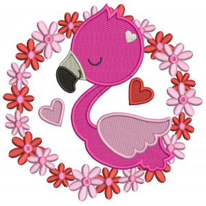 Flamingo In a Round Flower Frame Filled Machine Embroidery Design Digitized Pattern