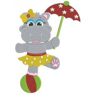 Girl Hippo on a ball with an Umbrella Filled Machine Embroidery Digitized Design Pattern