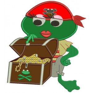 Pirate Girl Frog With a Treasure Chest Applique Machine Embroidery Digitized Design Pattern