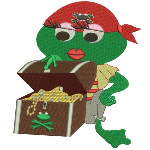 Pirate Girl Frog With a Treasure Chest Filled Machine Embroidery Digitized Design Pattern