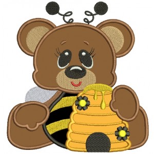Big Smile Sitting Bear Bumblebee with Honey Applique Machine Embroidery Digitized Design Pattern