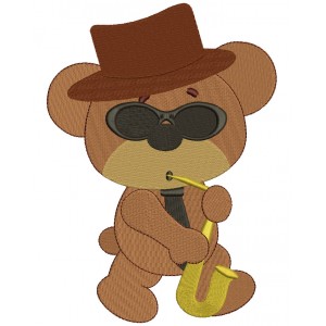 Cool Jazz Bear With Saxophone Filled Machine Embroidery Digitized Design Pattern