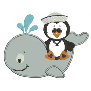 Penguin on a Whale Applique Machine Embroidery Digitized Design Pattern