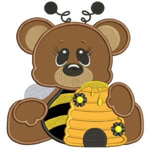 Sitting Bear Bumblebee with Honey Applique Machine Embroidery Digitized Design Pattern
