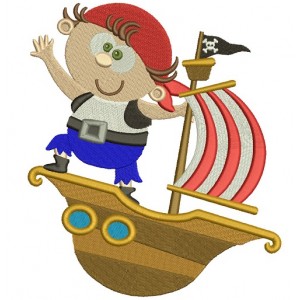 Cute Boy Pirate on a Ship Marine Filled Machine Embroidery Digitized Design Pattern