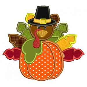 Turkey With a Hat on a Pumpkin Thanksgiving Applique Machine Embroidery Digitized Design Pattern