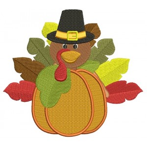 Turkey With a Hat on a Pumpkin Thanksgiving Filled Machine Embroidery Digitized Design Pattern