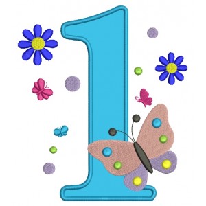 Number One With Butterfly Birthday Applique Machine Embroidery Digitized Design Pattern
