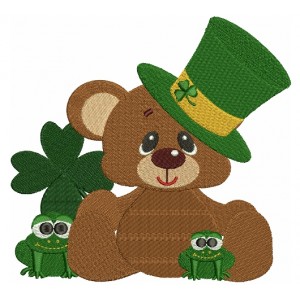 Smiling Bear Bear With Little Frogs Shamrock and Irish Hat Filled Machine Embroidery Digitized Design Pattern