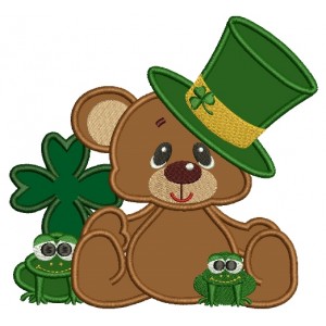 Smiling Bear With Little Frogs Shamrock and Irish Hat Applique Machine Embroidery Digitized Design Pattern