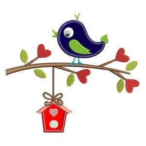 Bird on a Branch With a Tree House Applique Machine Embroidery Digitized Design Pattern