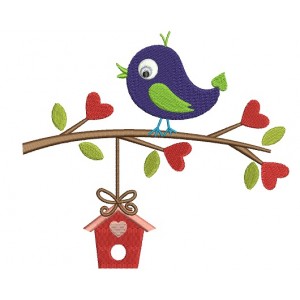 Bird on a Branch With a Tree House Filled Machine Embroidery Digitized Design Pattern