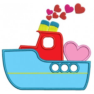 Steam Boat With Hearts Marine Applique Machine Embroidery Digitized Design Pattern