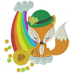 Fox Wearing Hat With Shamrock Sitting Next To Rainbow And Golden Coin St. Patrick's Day Filled Machine Embroidery Design Digitized Pattern