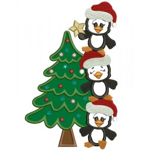 Penguins With Christmas Tree Applique Machine Embroidery Digitized Design Pattern