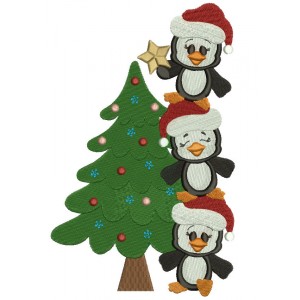 Penguins With Christmas Tree Filled Machine Embroidery Digitized Design Pattern