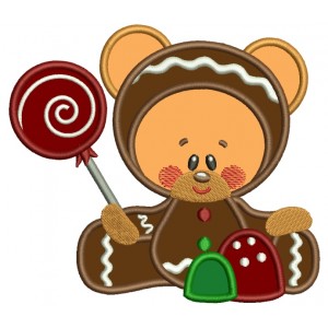 Teddy Bear With Lollipop Applique Machine Embroidery Digitized Design Pattern