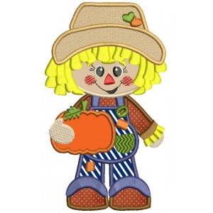 Cute Scarecrow Boy with a pumpkin Applique Machine Embroidery Digitized Design Pattern