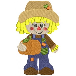 Cute Scarecrow Boy with a pumpkin Filled Machine Embroidery Digitized Design Pattern