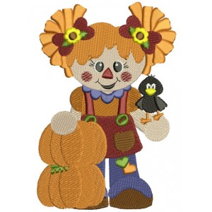 Cute Scarecrow Girl with two pumpkins Filled Machine Embroidery Digitized Design Pattern