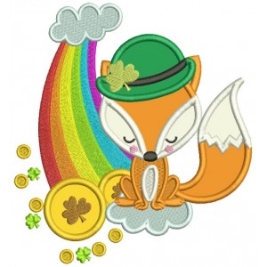 Fox Wearing Hat With Shamrock Sitting Next To Rainbow And Golden Coin St. Patrick's Day Applique Machine Embroidery Design Digitized Pattern