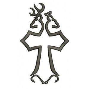 Cross Buck and Doe with fishing hooks deer with Heart digitized Filled machine embroidery design - Instant Download -4x4 , 5x7, and 6x10
