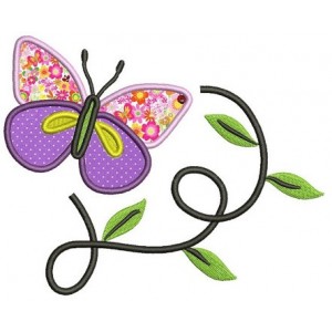 Butterfly flying over leaves Applique Machine Embroidery Digitized Design Pattern - Instant Download - 4x4 , 5x7, and 6x10 -hoops